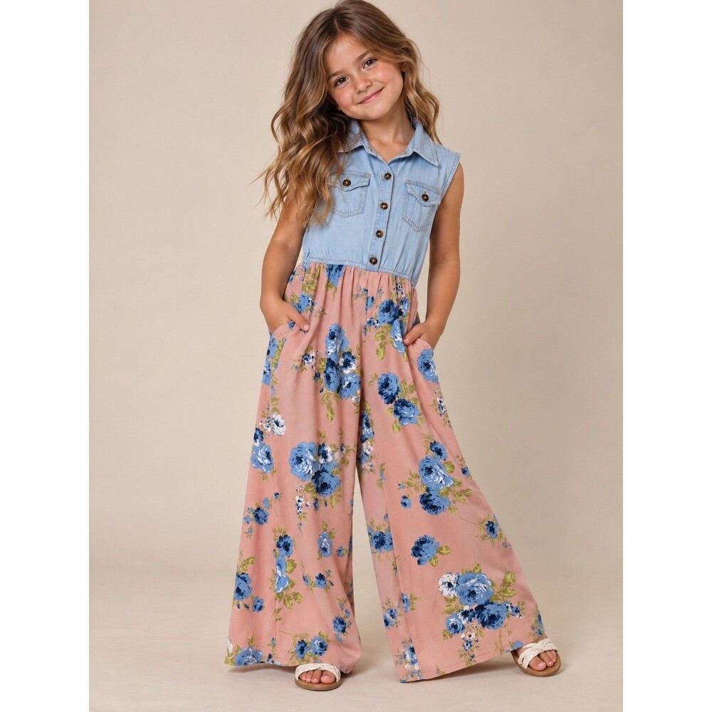 Knit Works Girls XS Floral Wide Leg Jumpsuit Chambray Denim Look Pink Blue